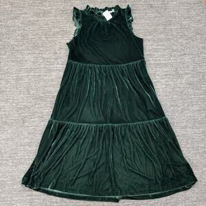J Crew Factory Dress Women 14 Green Velvet Tiered High Neck Holiday Midi NEW